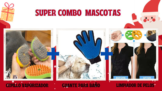 COMBO MASCOTAS: CEPILLO VAPORIZADOR+GUANTE PARA BAÑAR LA MASCOTA +LIMPIADOR DE PELOS